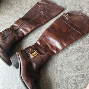Vince Camuto Dark Brown Leather Boots with Gold Buckle